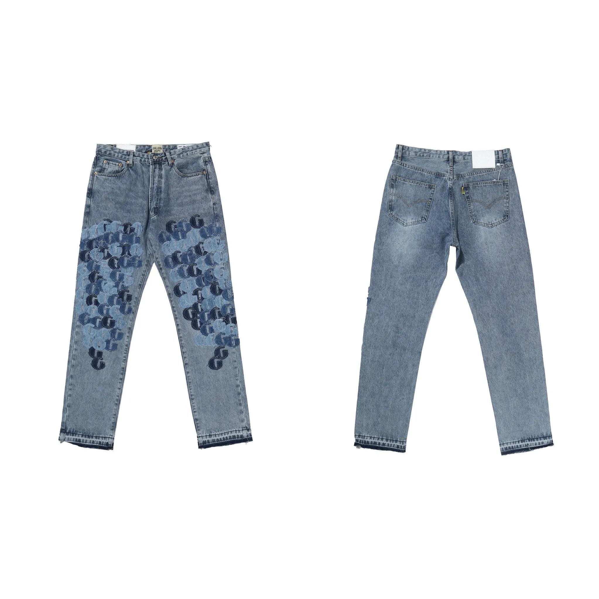 -Size upper body P286#G77 GALLERY DEPT.G letter patch pudding 5001 denim washed and distressed spliced jeans -Original purchase and pattern making to truly restore the ultimate vintage texture -Original hardware accessories, washed and other elevators, QR code analysis are all purchased from the original factory, high degree of restoration, you are welcome to compare with a certain product~ -Three-dimensional version Loose and comfortable, not picky about the figure, taller and slimmer, factory Seiko, original factory quality control, same style for men and women, can be matched with couples Versatile recommendation: must-have jeans for all seasons Color: blue Size: S-XXL (28-36)